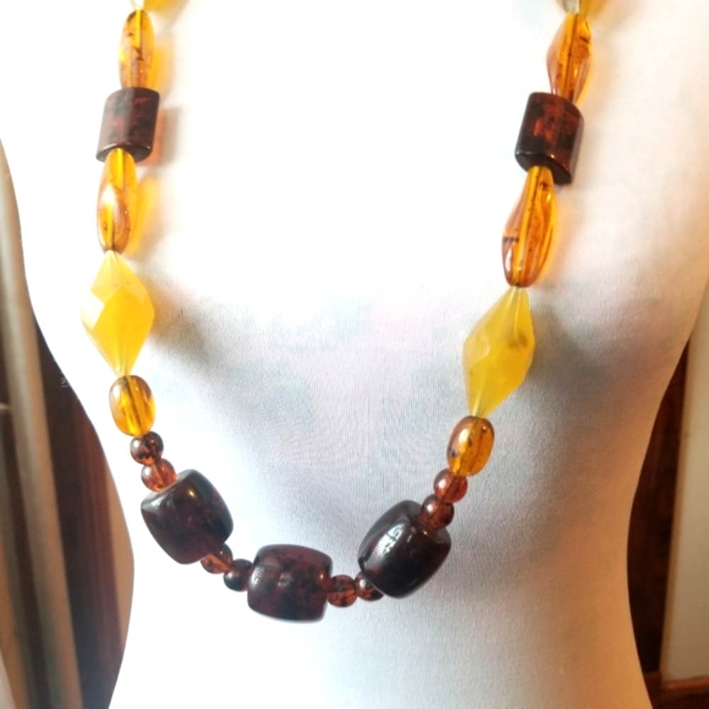 Vintage necklace chunky faux amber long beaded orange yellow brown fall